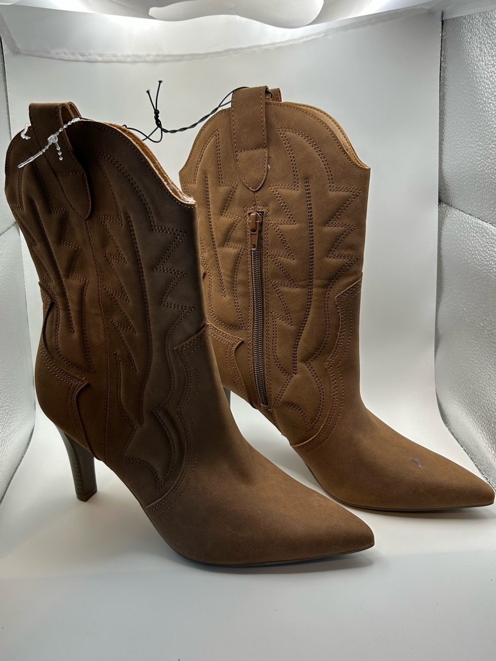 Indigo Brown Suede Western Pointed-Toe High-Heel Ankle Boots